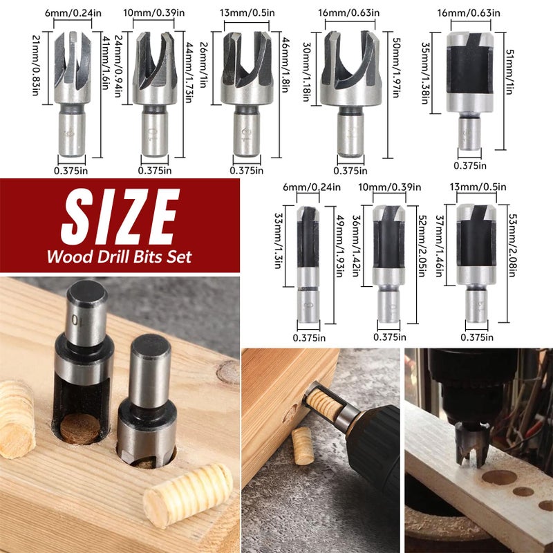 findmall 8Pcs Wood Plug Cutter Drills Bit Set (5/8", 1/2", 3/8", 1/4") Straight and Tapered Taper, Carbon Steel Woodworking Cutting Tool - Image 3
